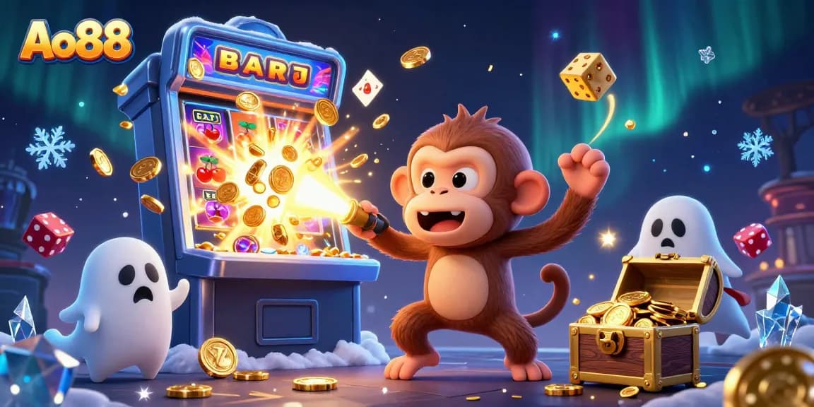 Experience the thrill of Ao88 as a mischievous ghost monkey juggles riches in a haunted casino scene.