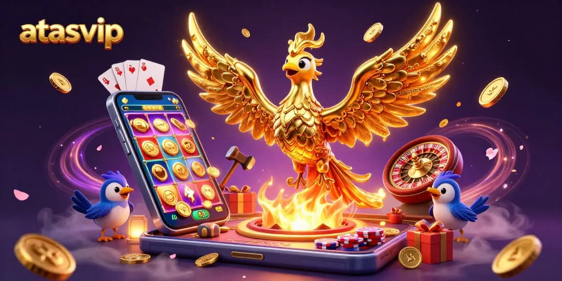 Experience the excitement of atasvip with a golden phoenix and winning casino elements in dynamic 3D illustration.
