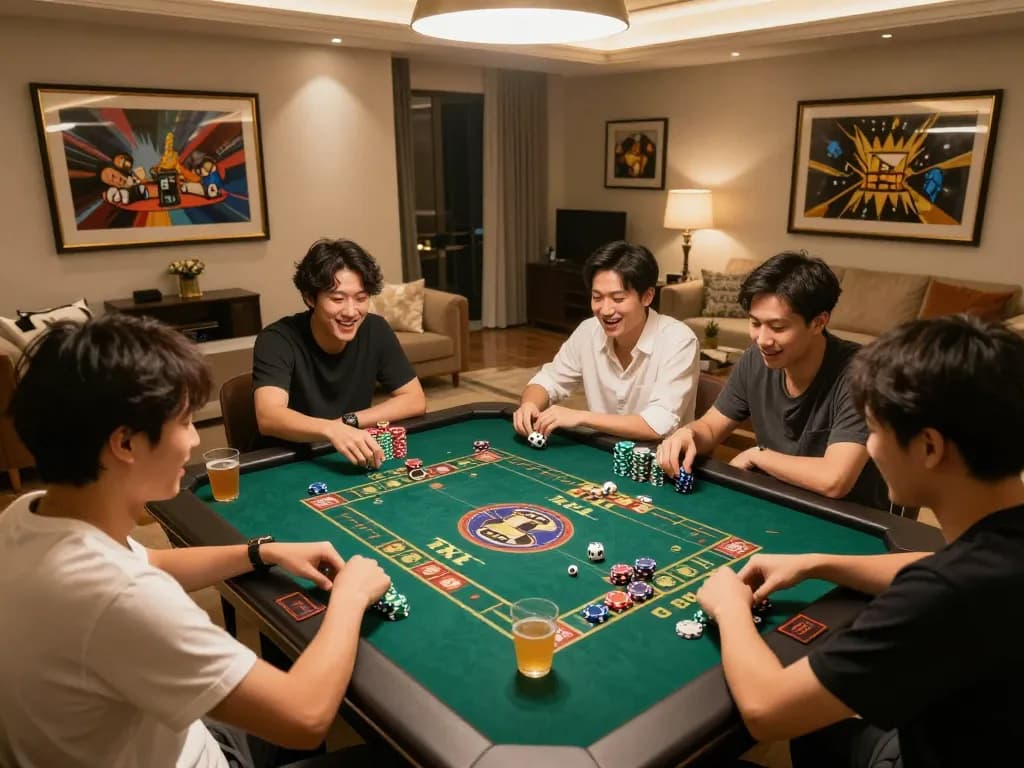 Tài xỉu game in action at home, showing friends enjoying dice rolls and strategic gameplay