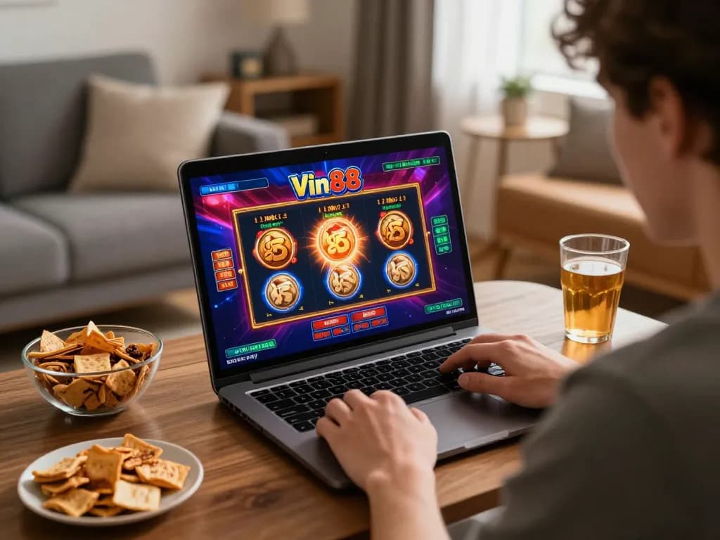 Player enjoying online Vin88 slots game at home with vibrant graphics and cozy setting.