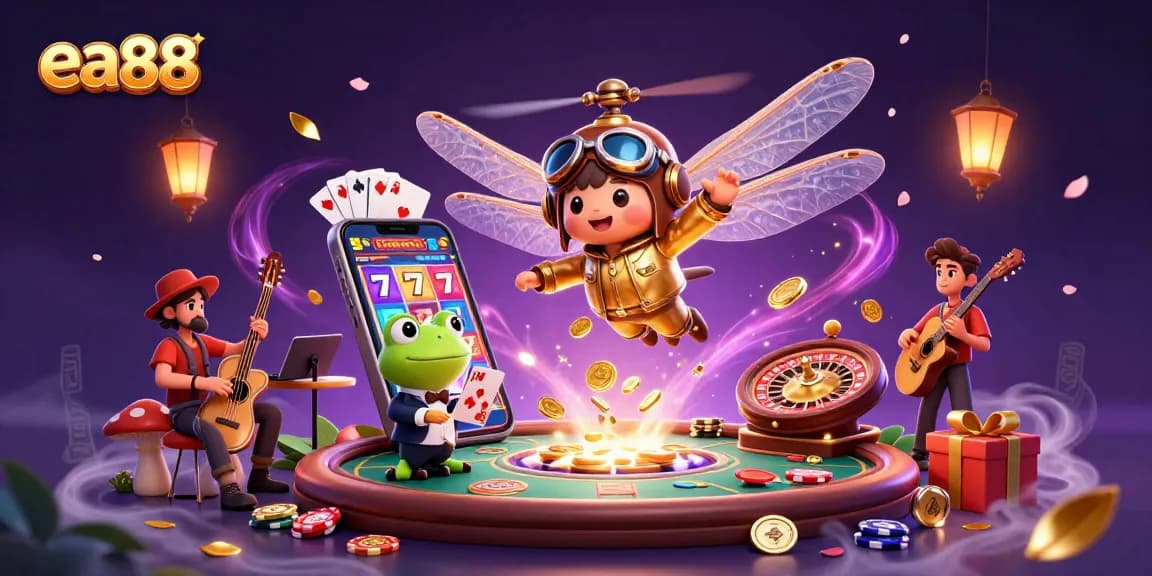 Spin the reels and win big with ea88 at this vibrant casino scene featuring dynamic characters and gaming elements.