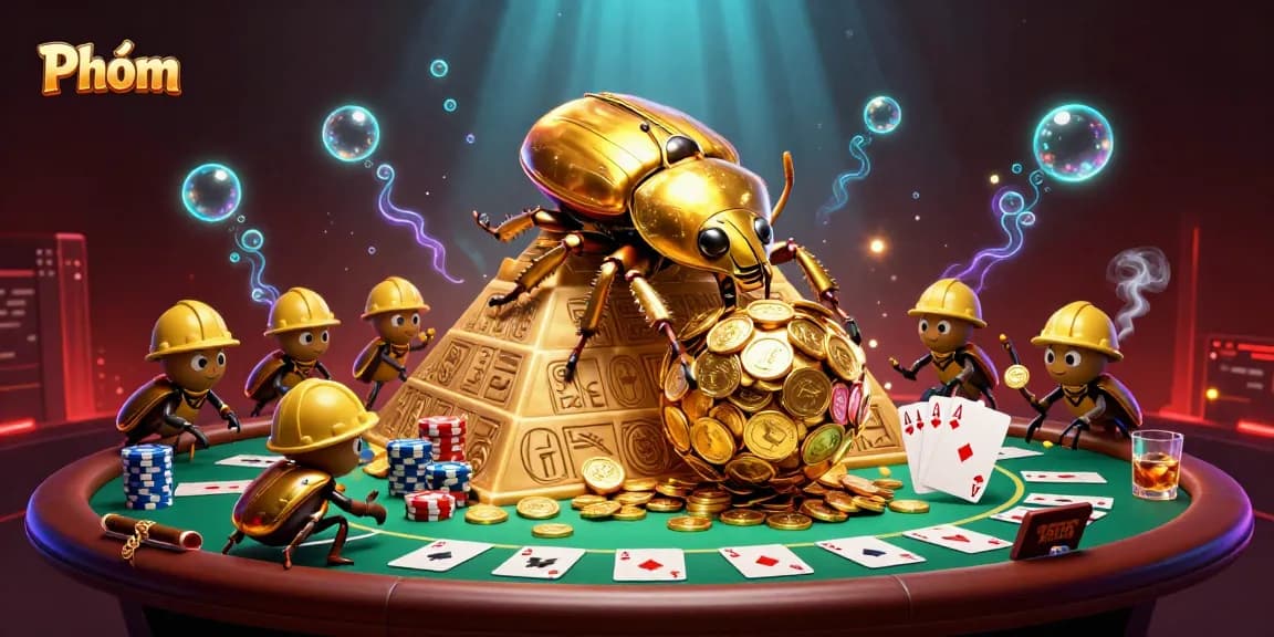Engage in Phỏm with a vibrant 3D casino scene showcasing daring beetles amidst poker excitement.