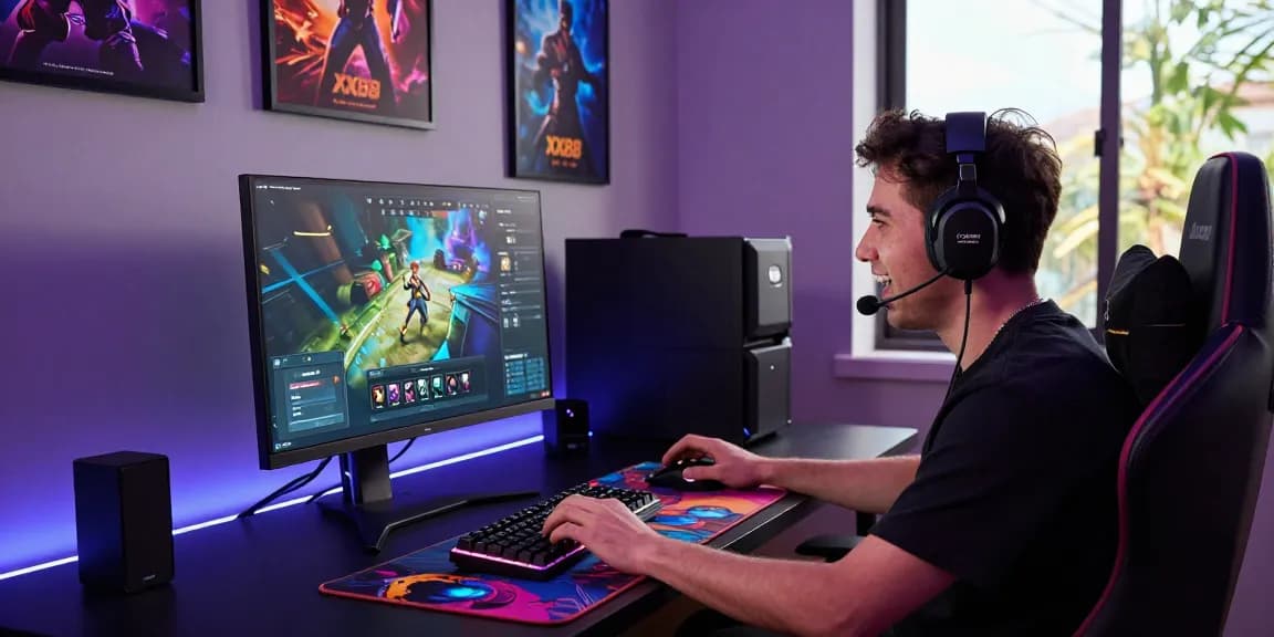 Gamer engaging with the XX88 platform in a vibrant gaming setup, showcasing a high-resolution monitor, RGB keyboard, and dynamic atmosphere.