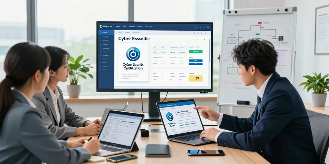 Team discussing Cyber Essentials quote and certification in a modern office.