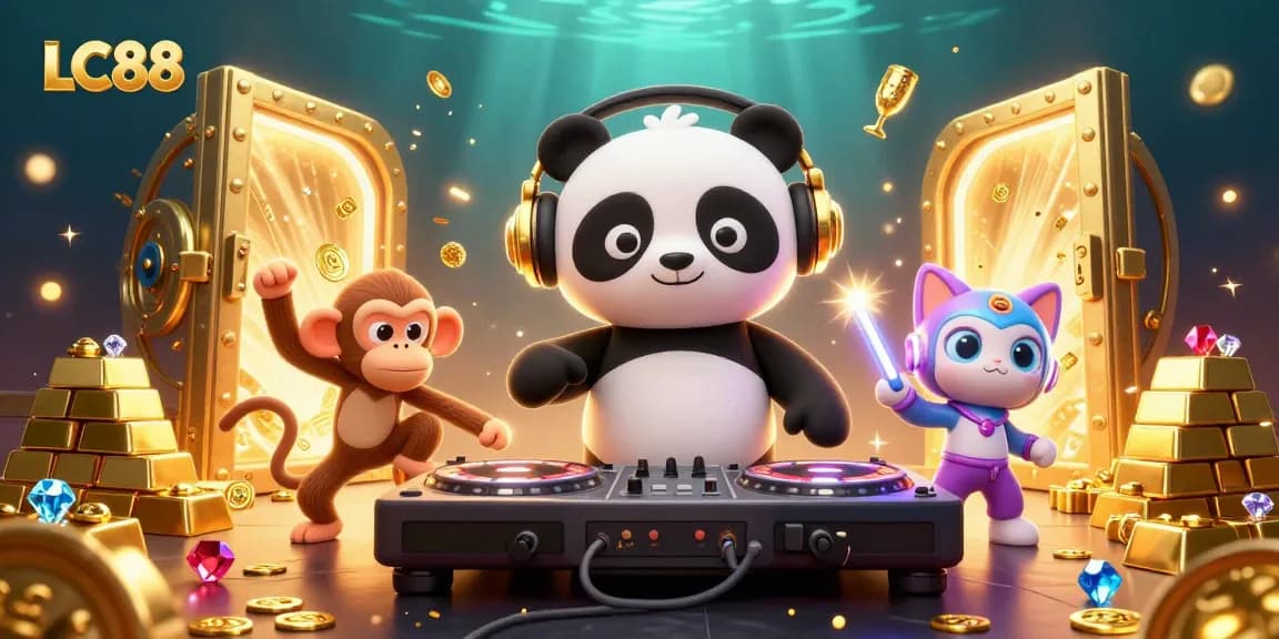 Experience the excitement of LC88 with a vibrant 3D scene featuring a DJ panda and dynamic casino elements.