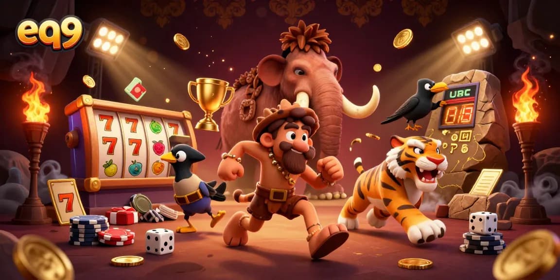 Experience thrilling gameplay at eq9 with a 3D casino scene featuring exciting slot symbols and characters.