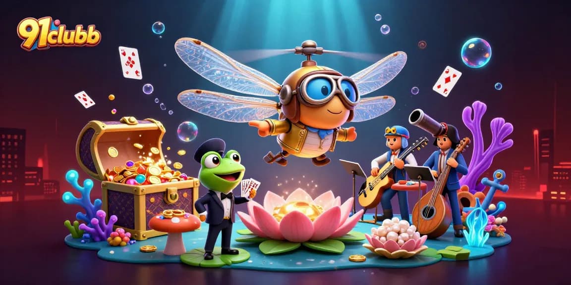 Engage with 91clubb through a lively game scene featuring dragonfly pilots and frog croupiers.