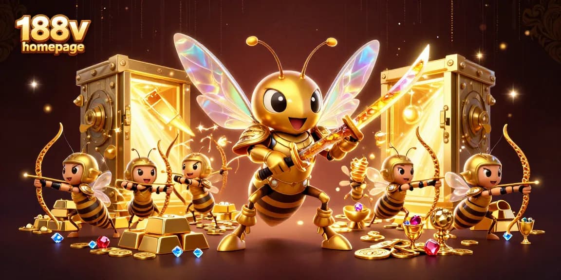 Experience excitement and rewards with 188v homepage featuring dynamic casino characters and treasures.