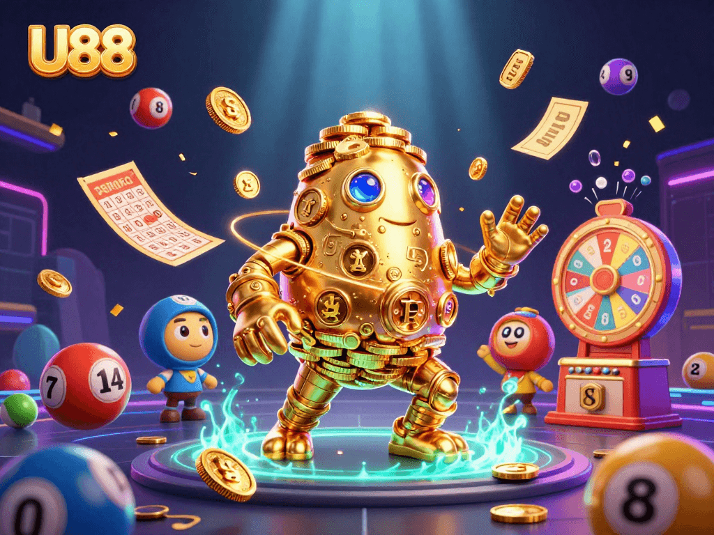 U88 golem and dynamic gambling elements in an engaging casino scene showcasing vibrant lottery dynamics.