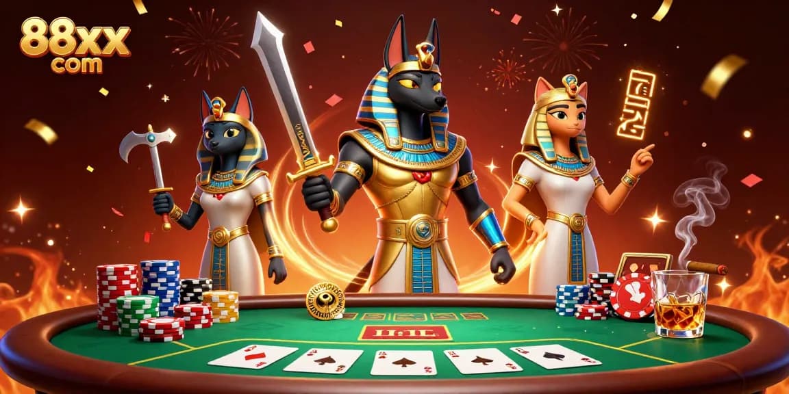Bet on big wins with 88xx com in this vibrant casino illustration featuring Anubis and Bastet.