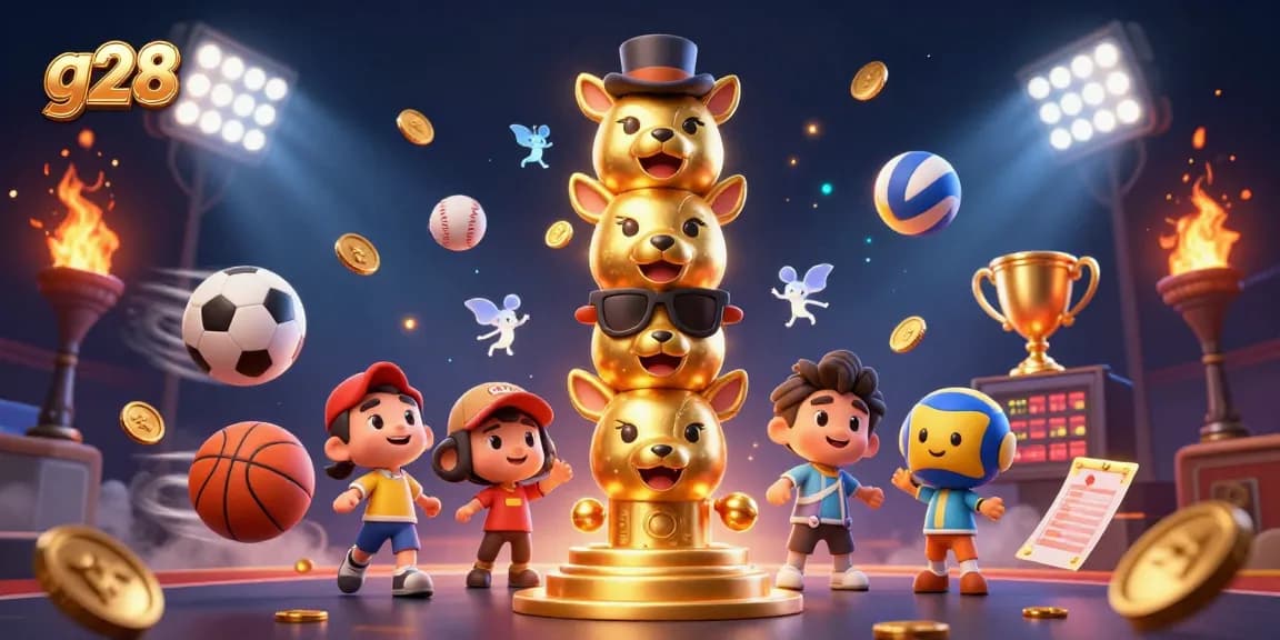 Bet on g28 with animated cartoon characters amid sports elements and vibrant casino motifs.