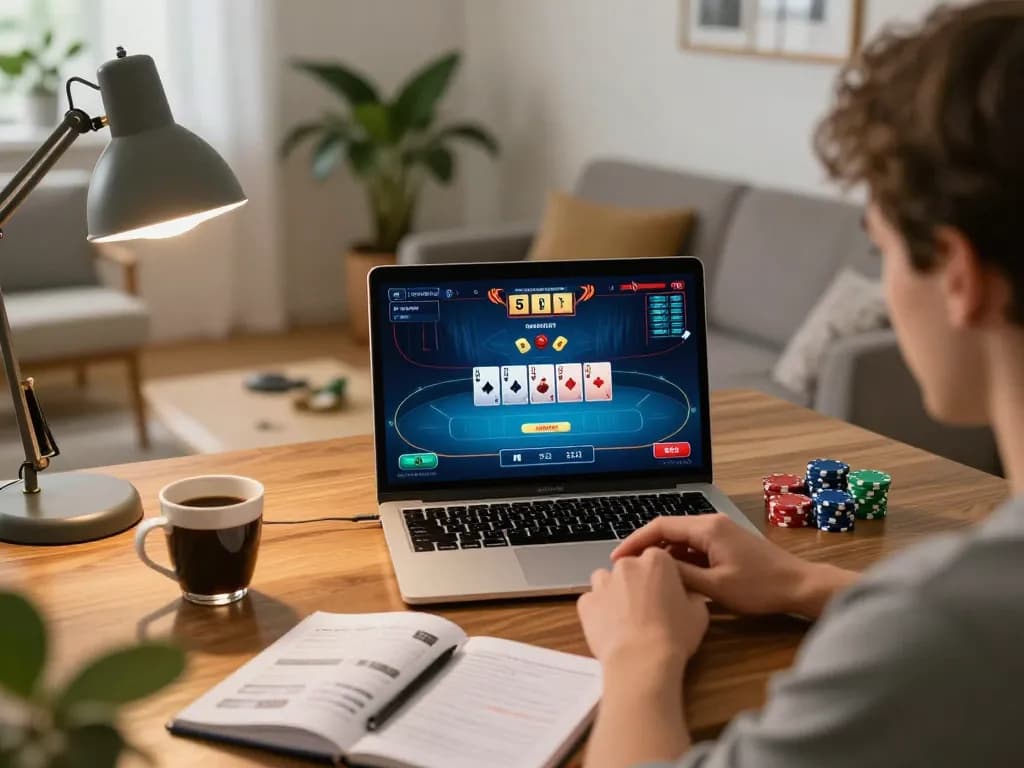 Intense poker gameplay over a laptop at home, engaging with https://lc88.bio/ as strategy unfolds through dynamic play.