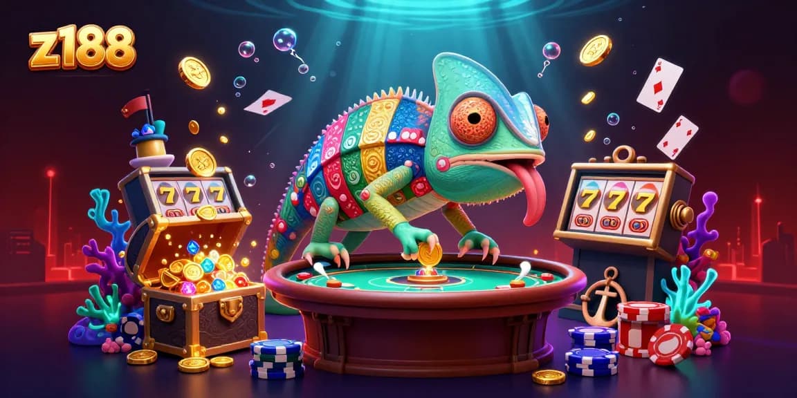 Engage with exciting games at z188's vibrant casino scene filled with gold coins and playful chameleon.