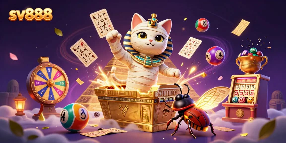 Experience vibrant gaming excitement with sv888 as a mummy cat explores a pyramid casino.