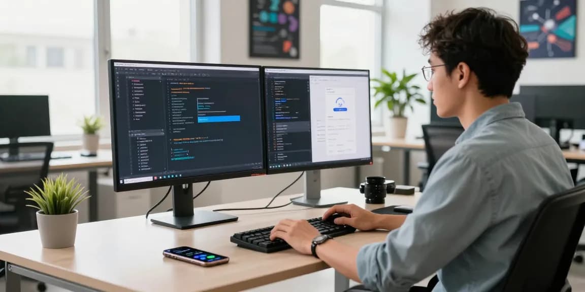 Developer optimizing network performance with 快连 in a modern tech workspace.