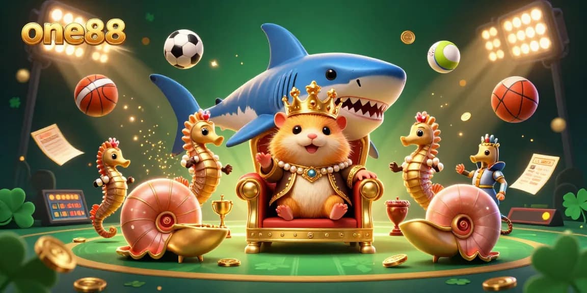 Experience thrilling sports betting action with one88 in a lively 3D scene featuring a golden hamster king and dynamic sports elements.