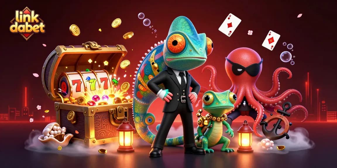 Engage in fun with link dabet as a chameleon, gecko, and octopus explore a vibrant slot game scene.