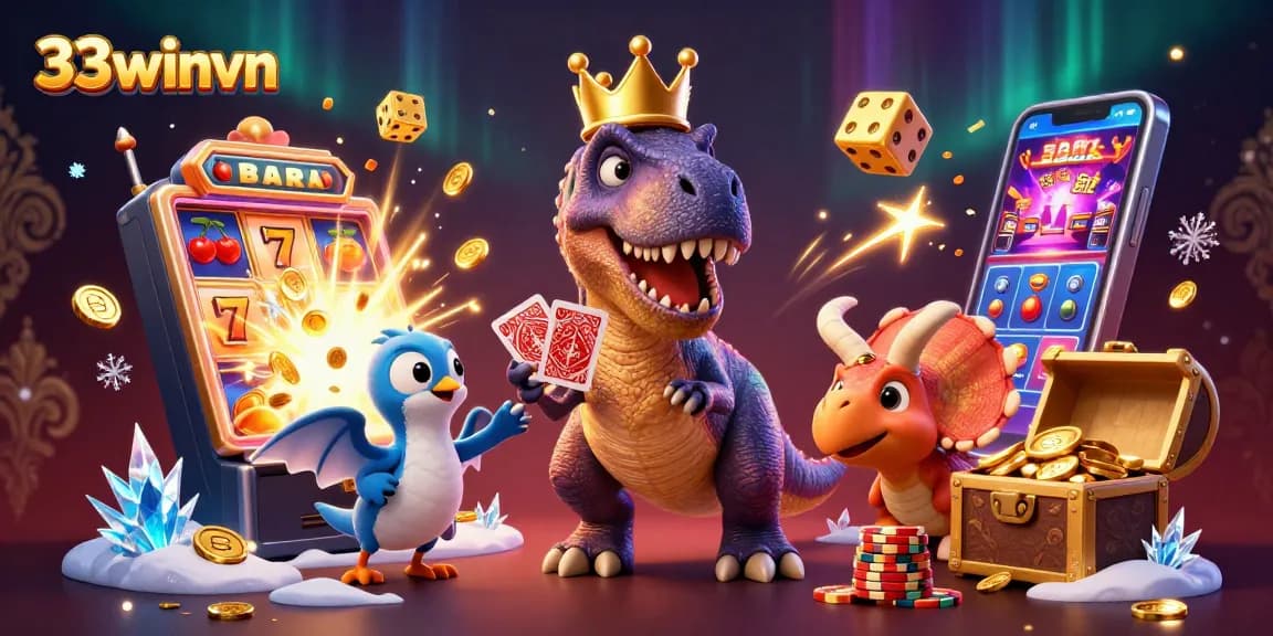 Engage with thrilling 33winvn casino experience featuring a T-Rex and friends amidst a jackpot explosion.