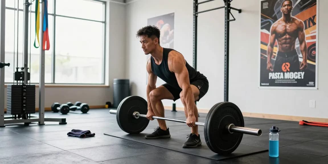 Anabolika Shop Deutschland - Bodybuilder hebt Gewichte in einem hellen Fitnessstudio und zeigt sein Engagement für Krafttraining.