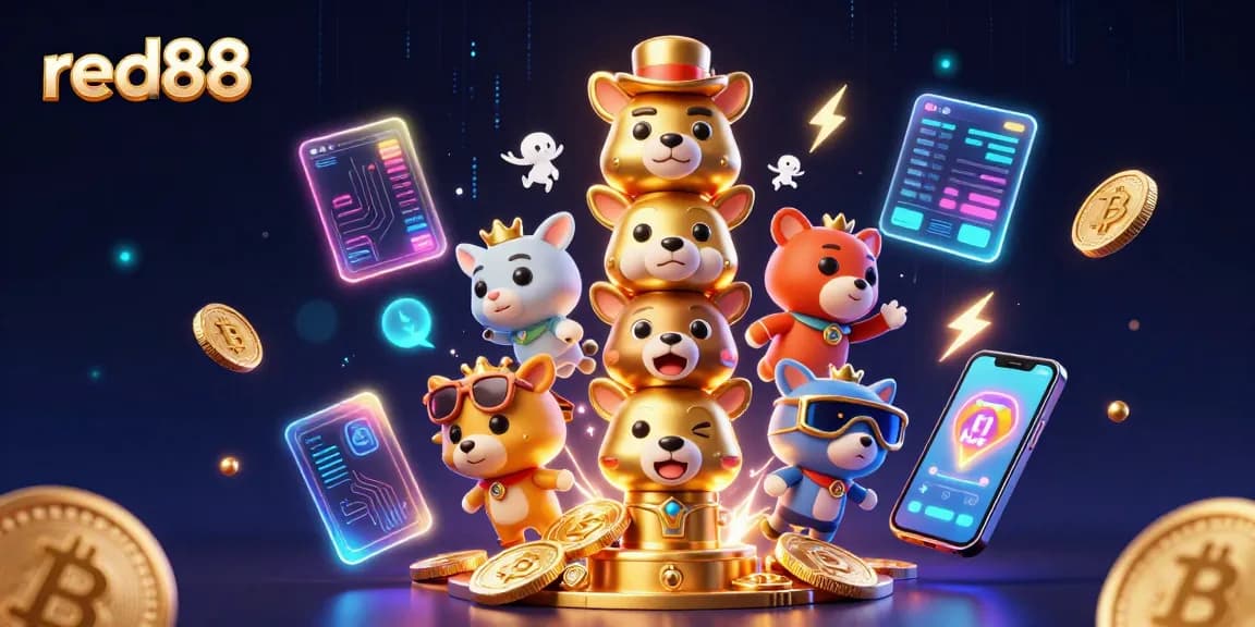 Engage with red88's lively 3D casino scene featuring animated totem and cryptocurrency elements.
