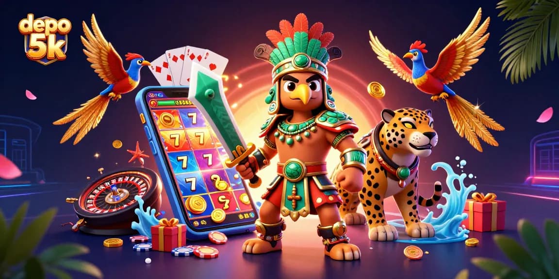 Experience the thrill of depo 5k with vibrant slot games and jackpots in a dynamic casino illustration.