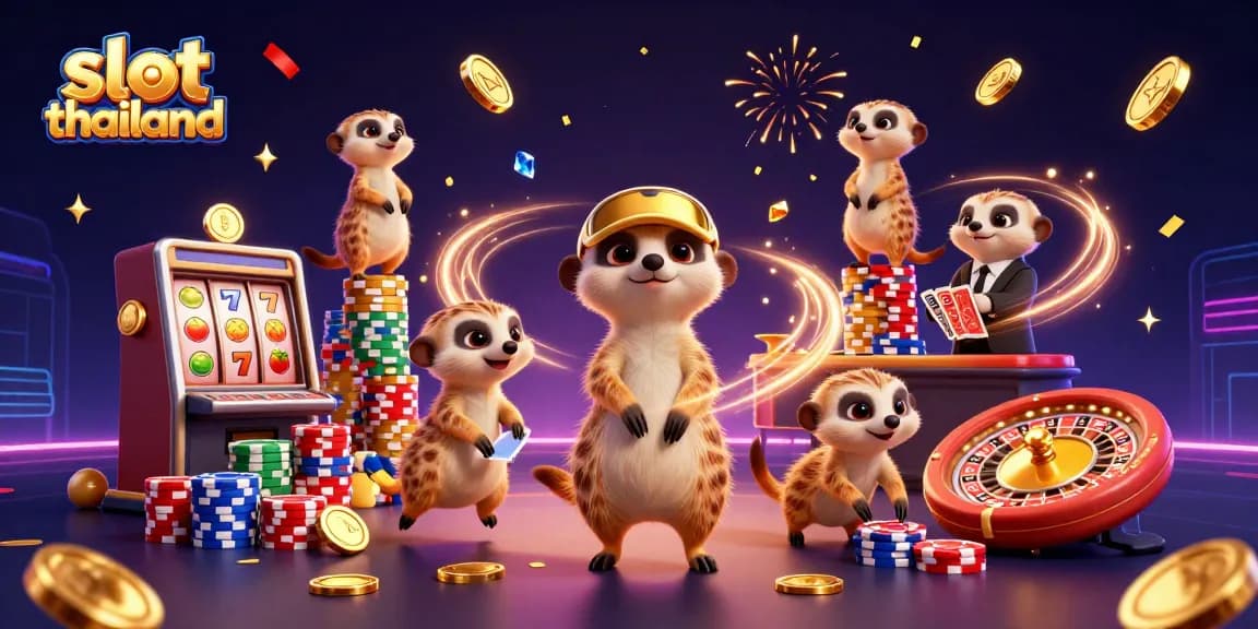 Engage in thrilling moments at slot thailand with vibrant 3D visuals showcasing meerkats in a lively casino.