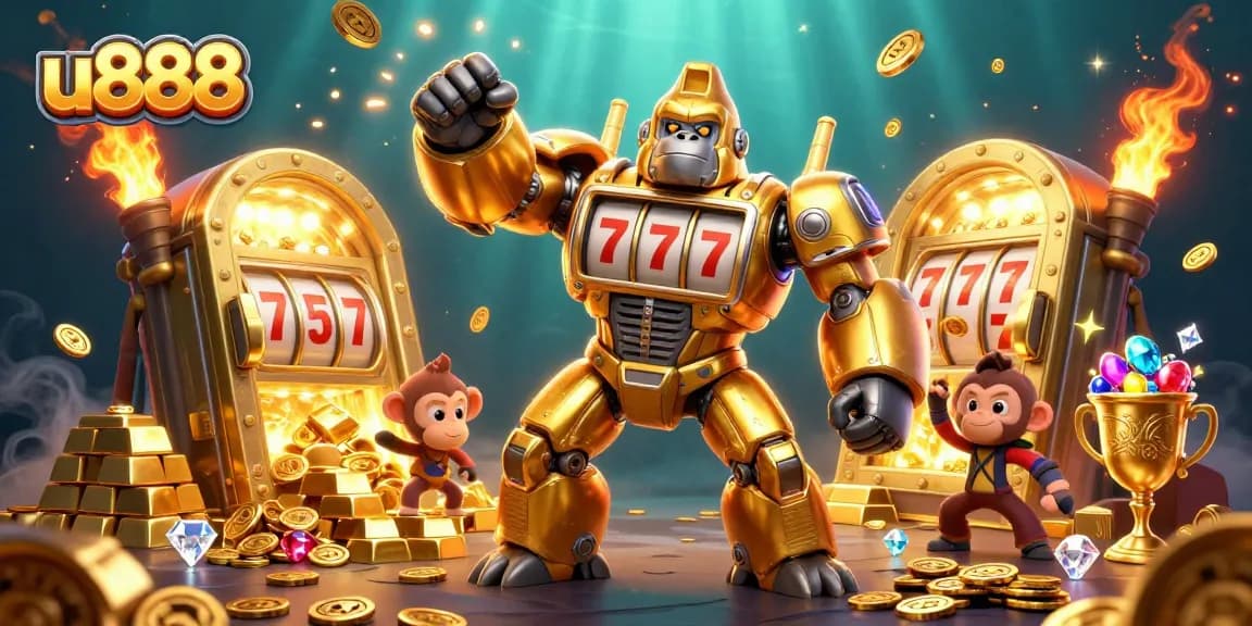 Engage with u888's vibrant gaming world featuring a golden gorilla mech amidst dazzling casino treasures.