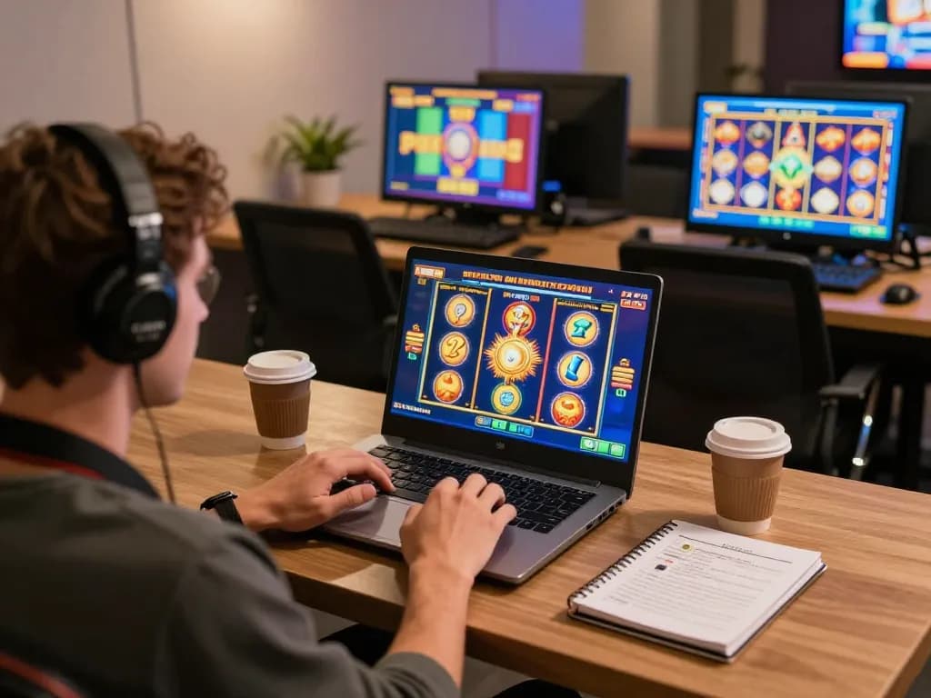 Experience thrilling slot pulsa gameplay on a laptop in a cozy home environment.