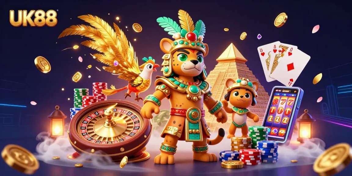 Experience the excitement of UK88 casino with vibrant characters amidst dynamic gaming elements.