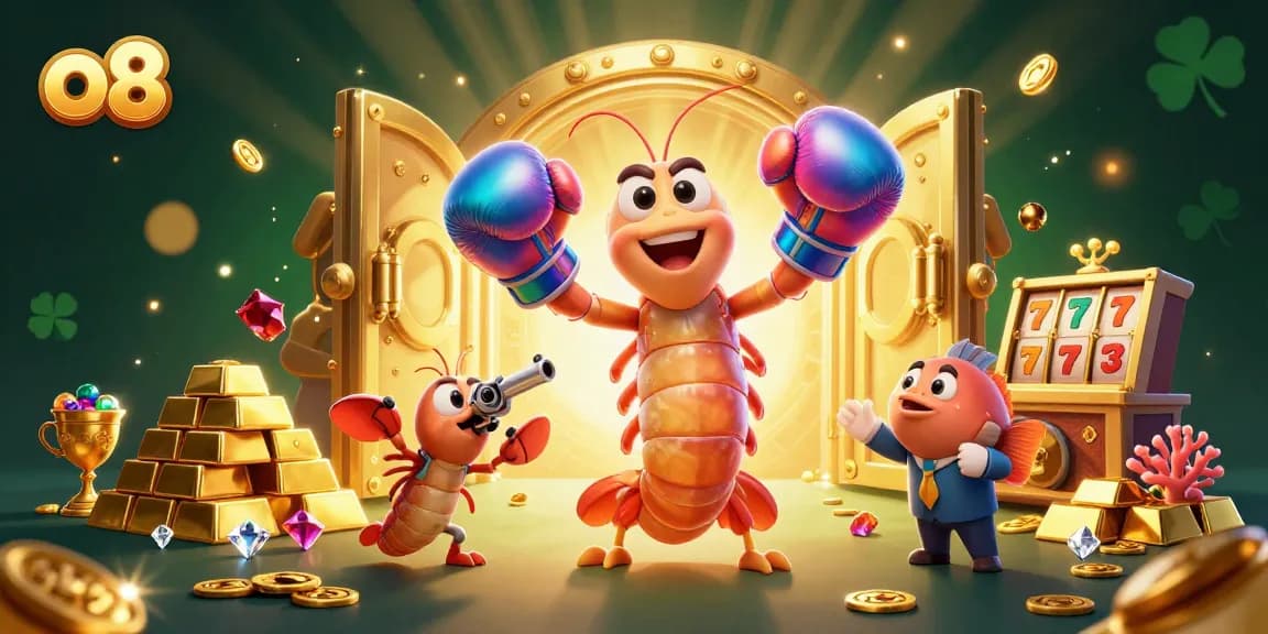 Win big with o8's vibrant casino characters facing a gold treasure vault door.