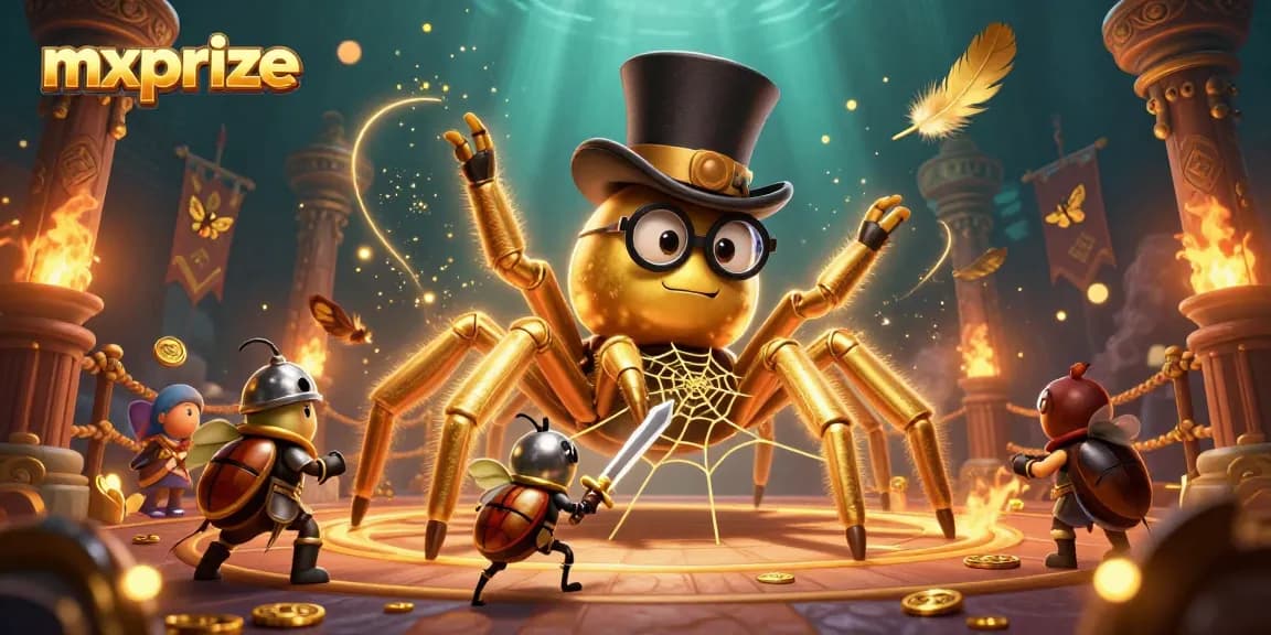 Experience the thrill of mxprize with a dynamic scene featuring a golden tarantula creating excitement between casino pillars.