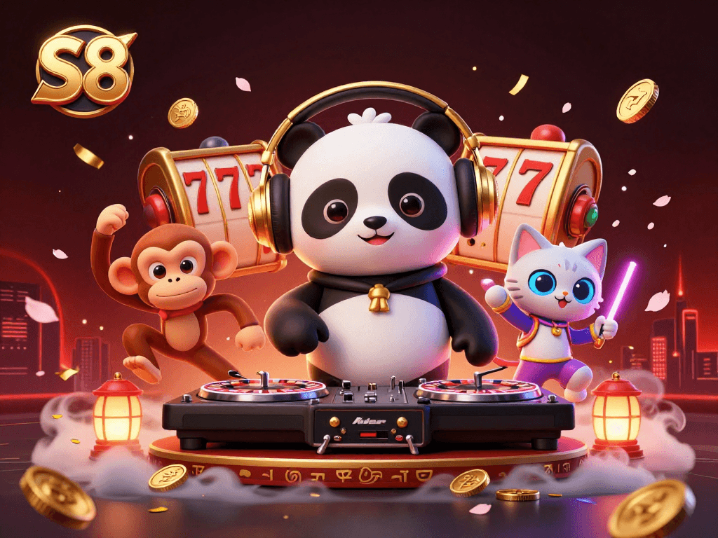 Join the vibrant S8 experience with our DJ panda and friends celebrating slot games in a festive 3D illustration.