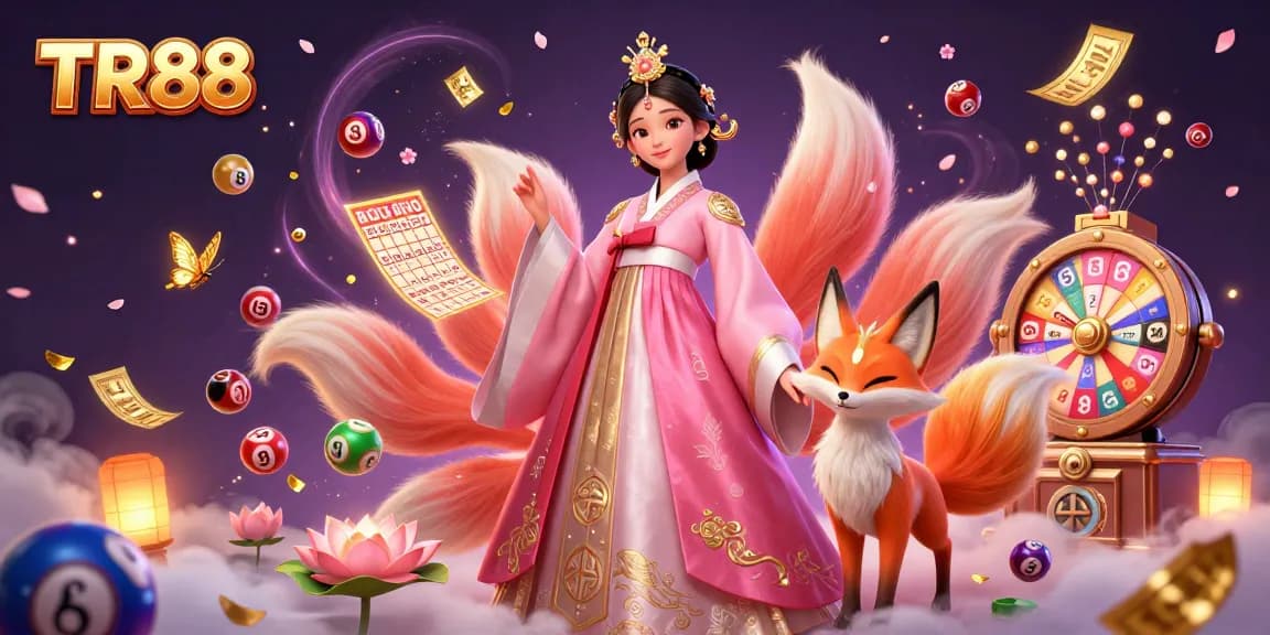 Engaging TR88 casino illustration showcasing an elegant woman and lucky fox with dynamic lottery elements.