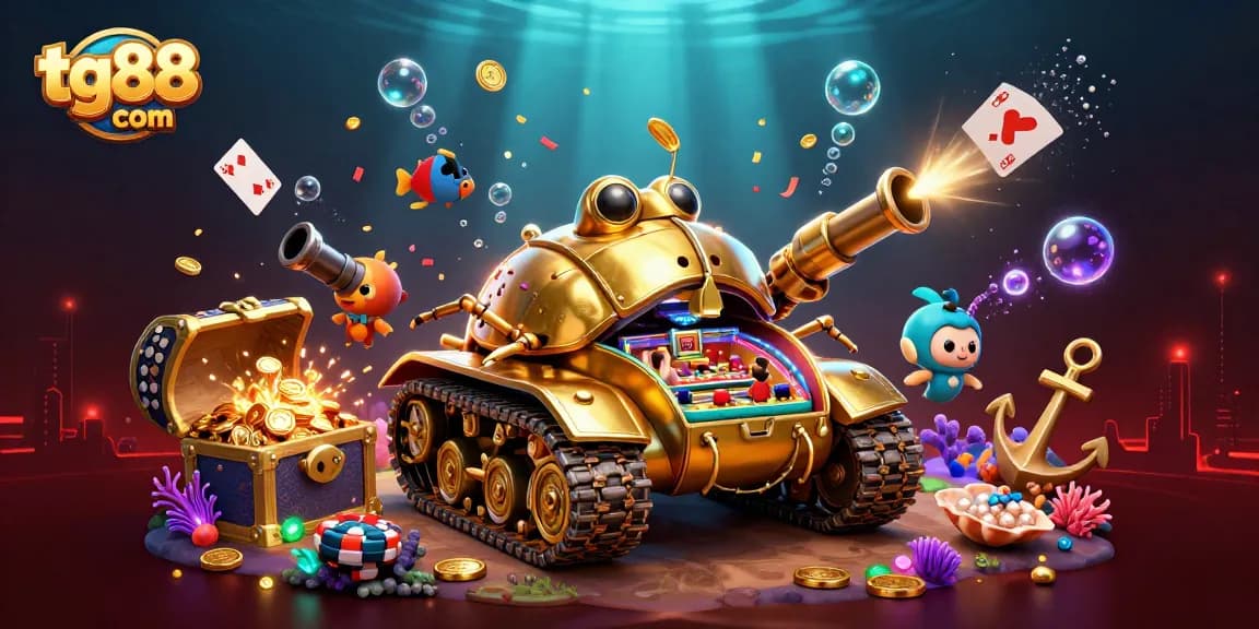 Engage with tg88 com's immersive casino experience featuring a golden beetle tank revealing a vibrant miniature casino.