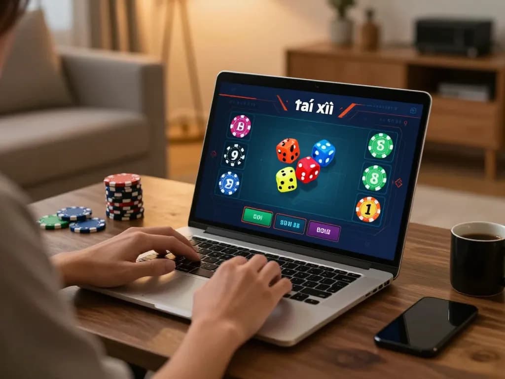 Engaging with a tài xỉu gaming app on a laptop, showcasing interactive betting and dice