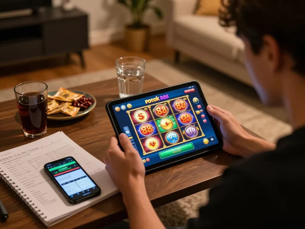 Pemain menikmati rokok 88 slot di tablet, dikelilingi oleh makanan ringan dan catatan dalam suasana rumah yang nyaman