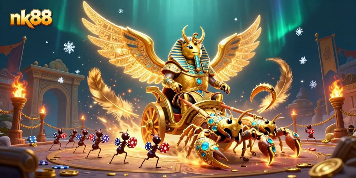 Experience the thrills at nk88 with a dazzling 3D casino scene featuring a golden scarab beetle and scorpions.