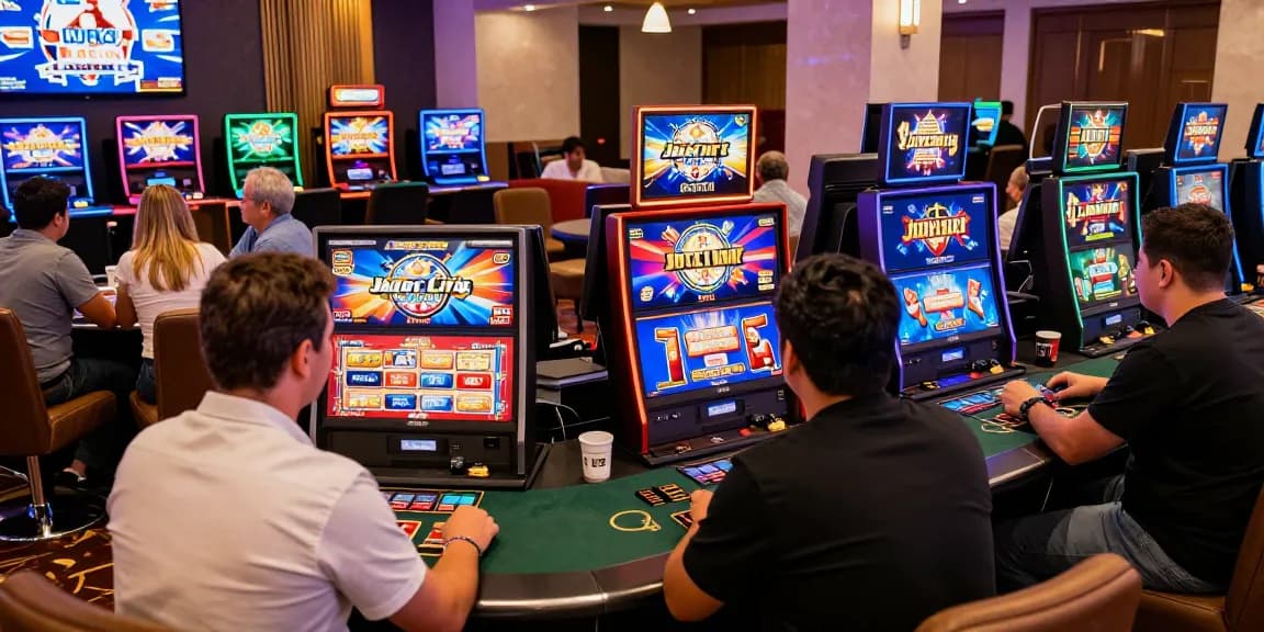 Exciting gaming atmosphere at Jackpot City Paraguay, featuring players at vibrant slot machines and engaging in live dealer games.