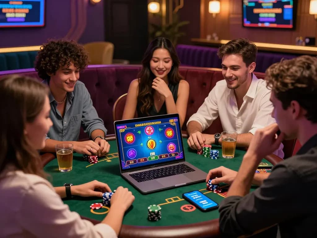 Friends enjoying an exciting online gaming session at MM88 with vibrant graphics and festive atmosphere.