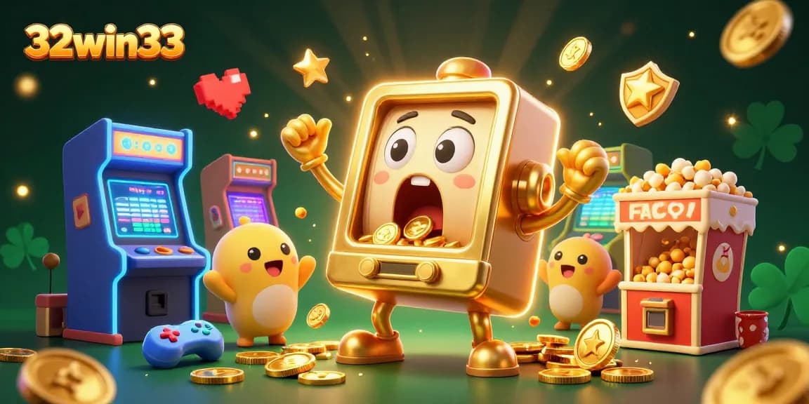 Experience the excitement of 32win33 with a jackpot-winning slot machine showering coins amidst vibrant casino elements.
