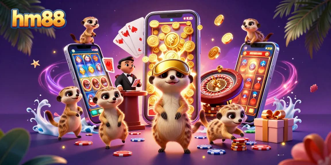 Engage with hm88's casino adventure featuring meerkats in a vibrant casino scene, complete with slot games and poker.