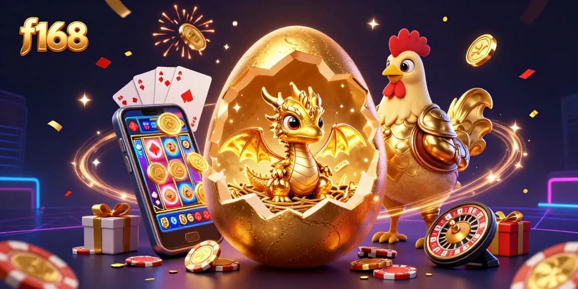 Experience the excitement of f168 with a golden dragon amidst vibrant casino elements.