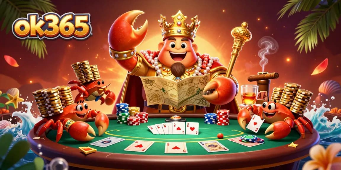 Experience exhilarating poker action at ok365 with a majestic crab emperor amidst a vibrant casino scene.