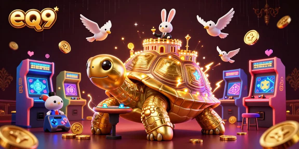Join eq9's vibrant 3D casino scene with a golden tortoise, rabbit dealer, and flying coins.