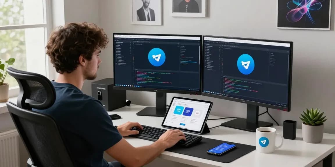 Web developer using the Telegram Web Version in a modern workspace, showcasing an engaged coding environment with tech items.