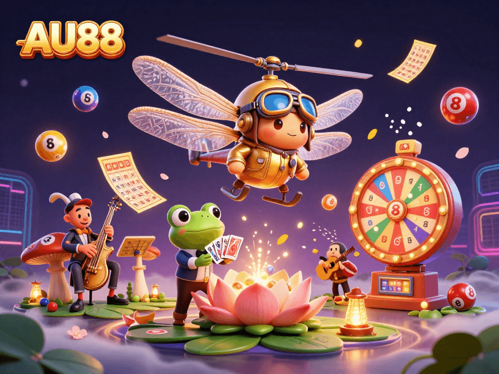 Engage in thrilling gambling action with AU88 as colorful elements burst around a vibrant casino scene.