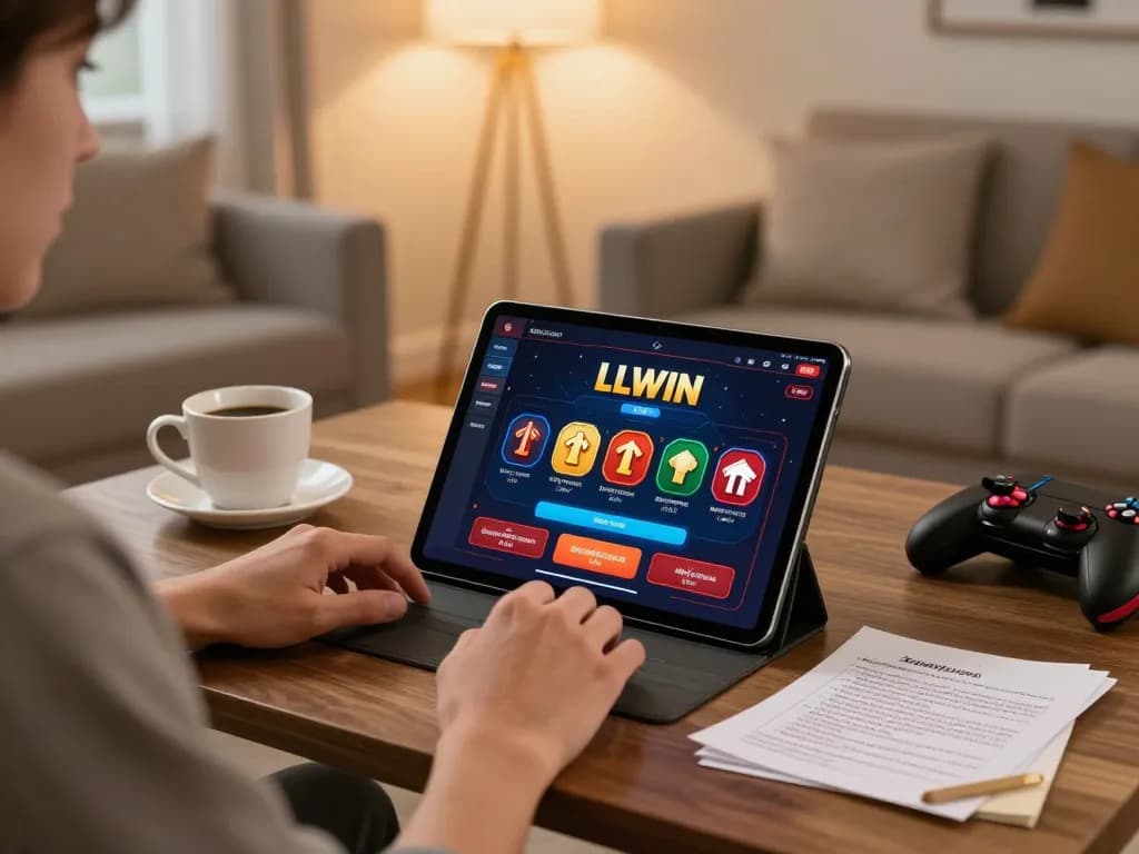 Engaging online gambling experience with LLWIN on tablet surrounded by strategy notes and a cozy atmosphere.