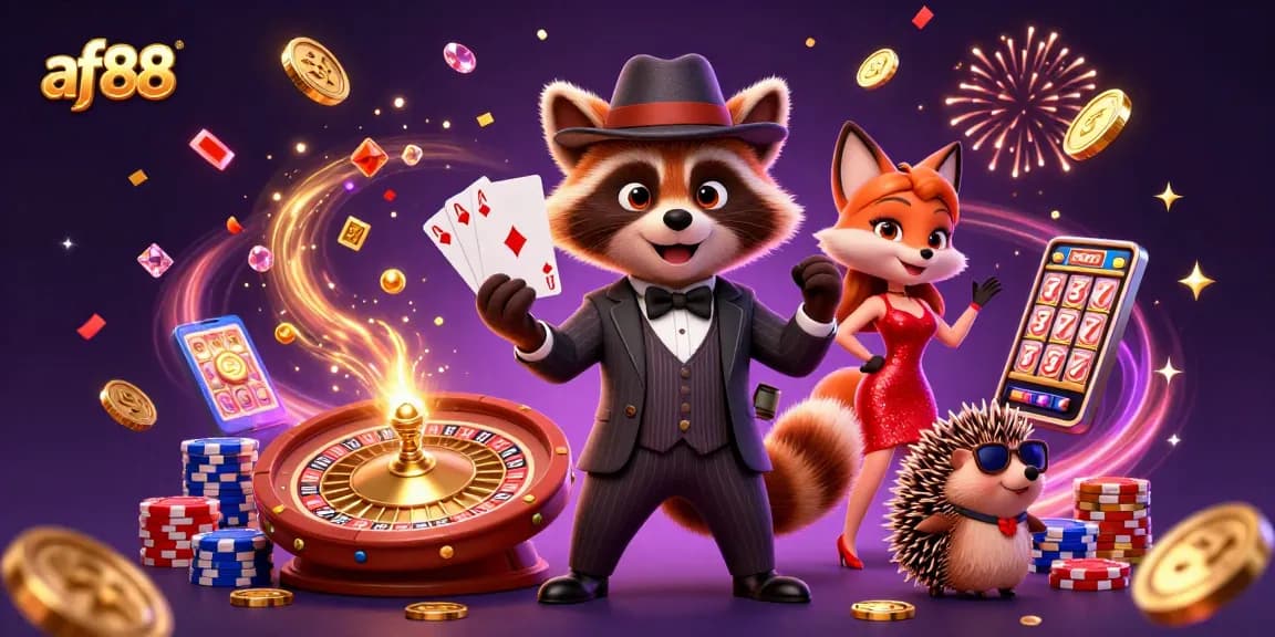 Win big at af88 with this colorful casino scene featuring an energetic trio around casino elements.