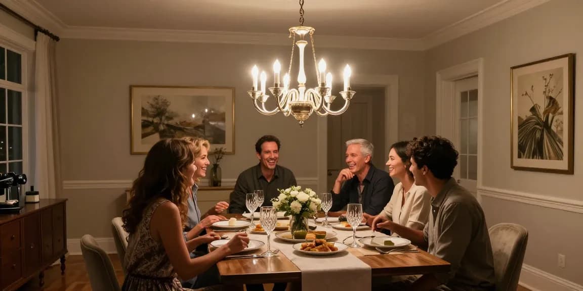 Candelabre led moderne iluminează o masă elegantă într-un dining rafinat.