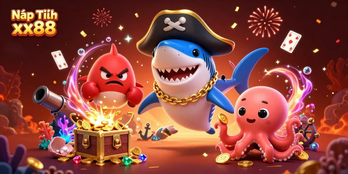 Catch the excitement of Nạp Tiền xx88 with cartoon pirate characters, gold coins, and underwater treasures.